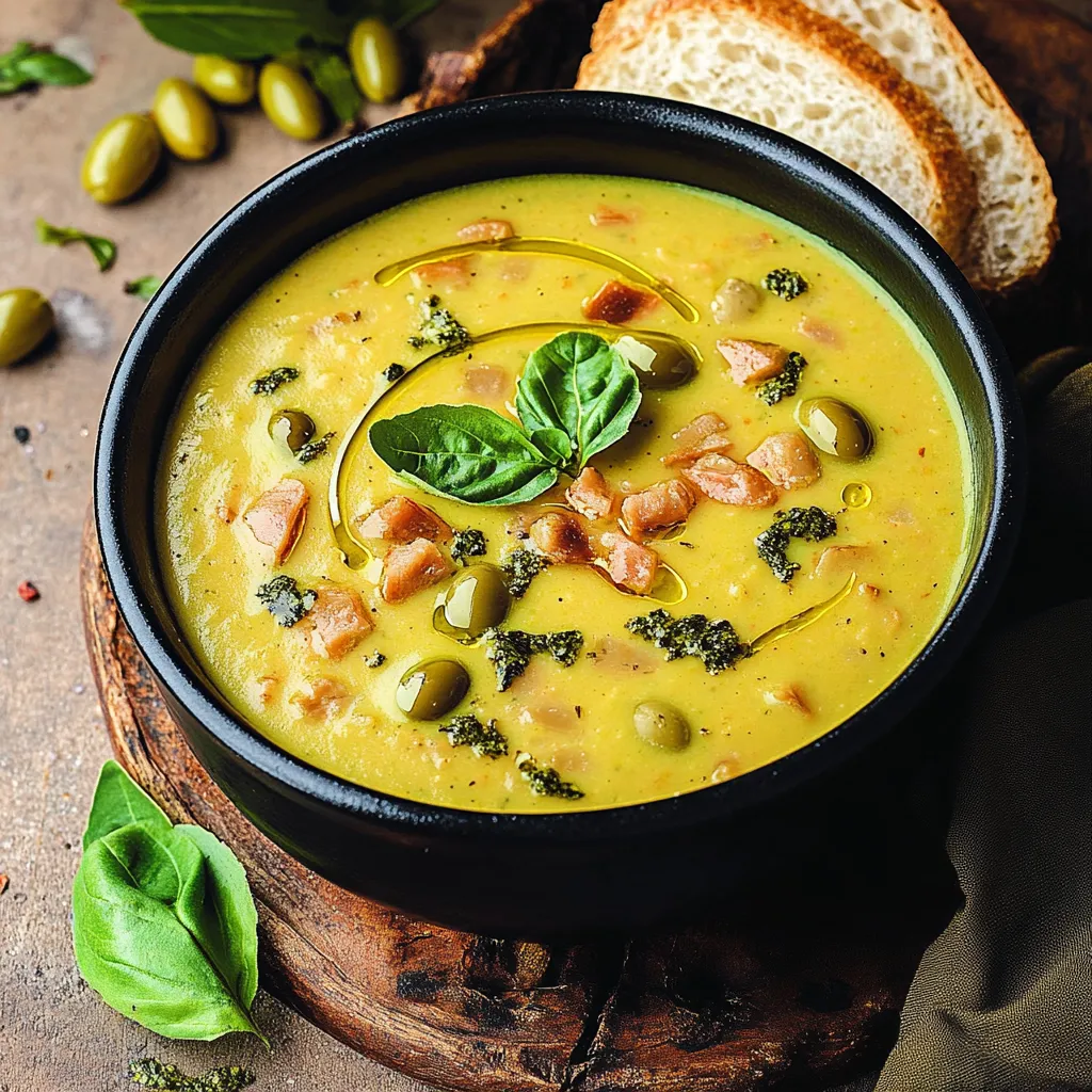A bowl of soup with a green leaf on top.