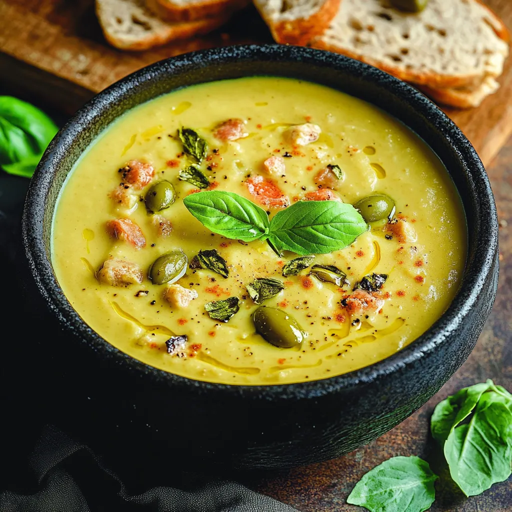A bowl of soup with a spoon in it.