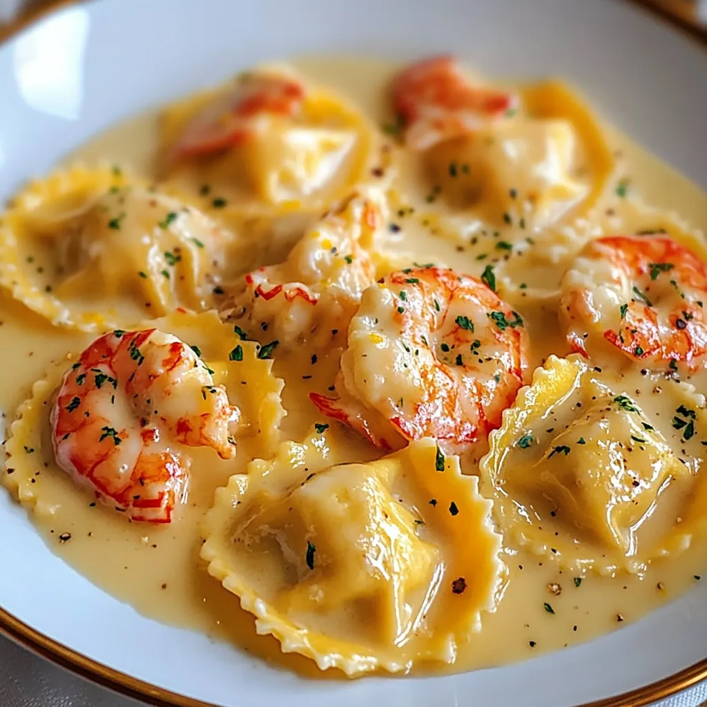 A plate of pasta with shrimp and sauce.