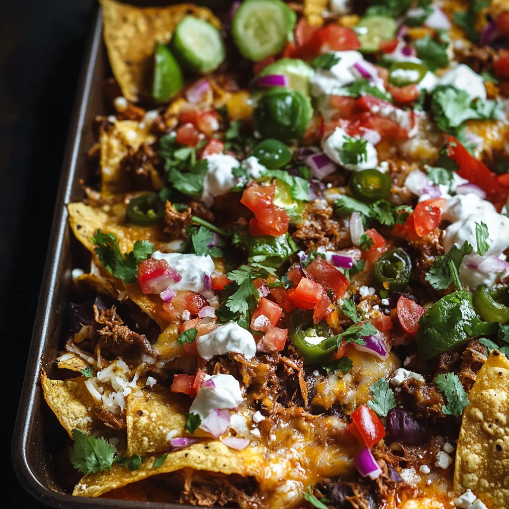 A pan of nachos with tomatoes, onions, and cheese.
