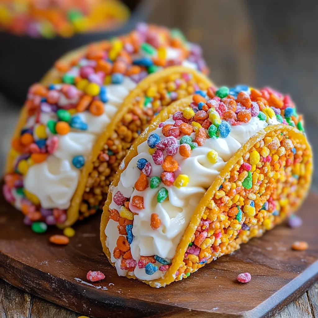 Two colorful tacos with white cream and sprinkles.