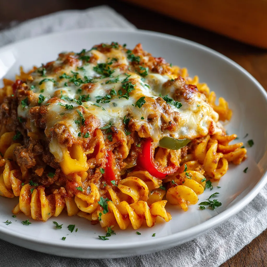 A plate of pasta with meat and peppers.