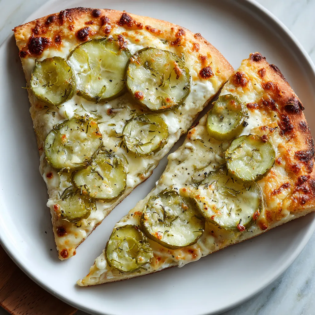 A slice of pizza with pickles on top.