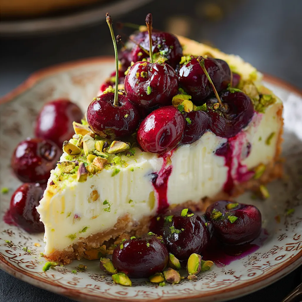 A slice of cheesecake with cherries on top.