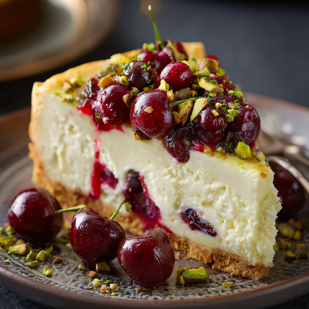 A slice of cheesecake with cherries on top.