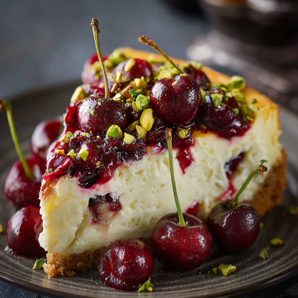 A slice of cheesecake with cherries on top.