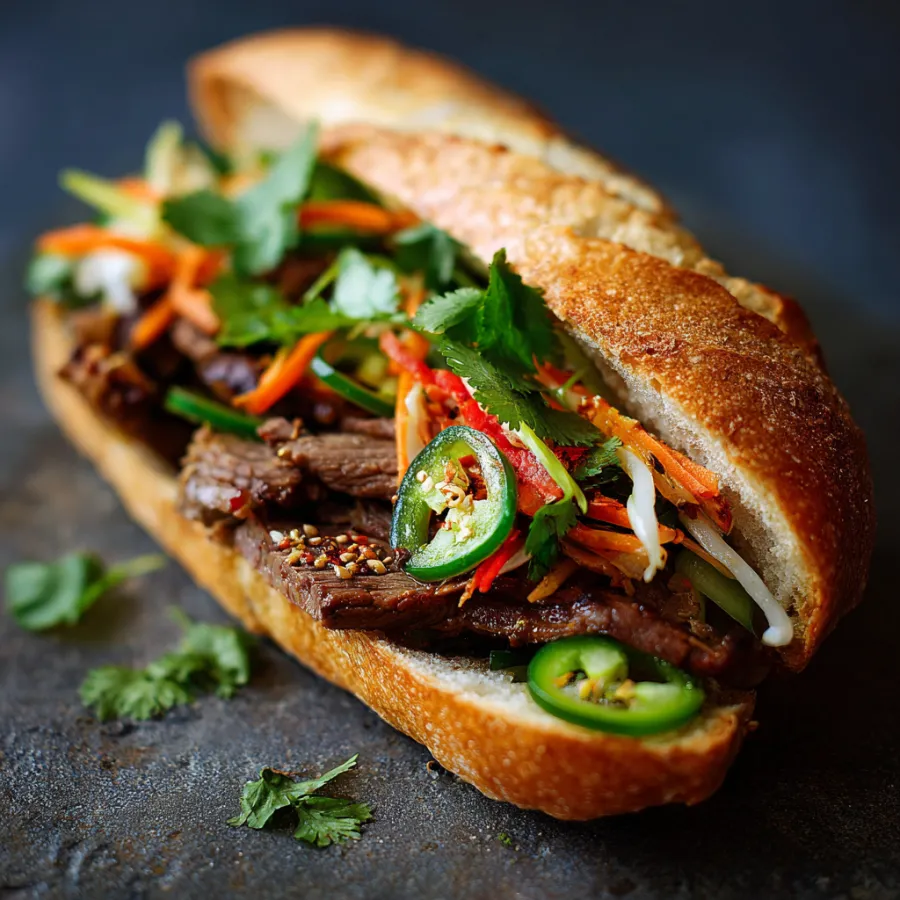 A sandwich with meat, vegetables and peppers.