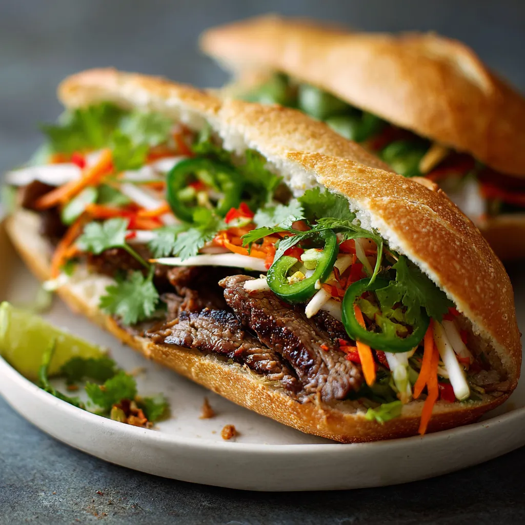 A sandwich with meat, carrots, and peppers.