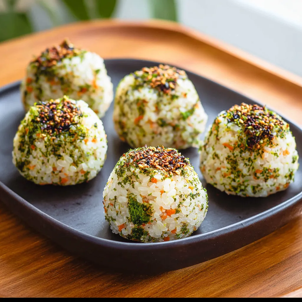 A plate of rice balls with carrots on top.
