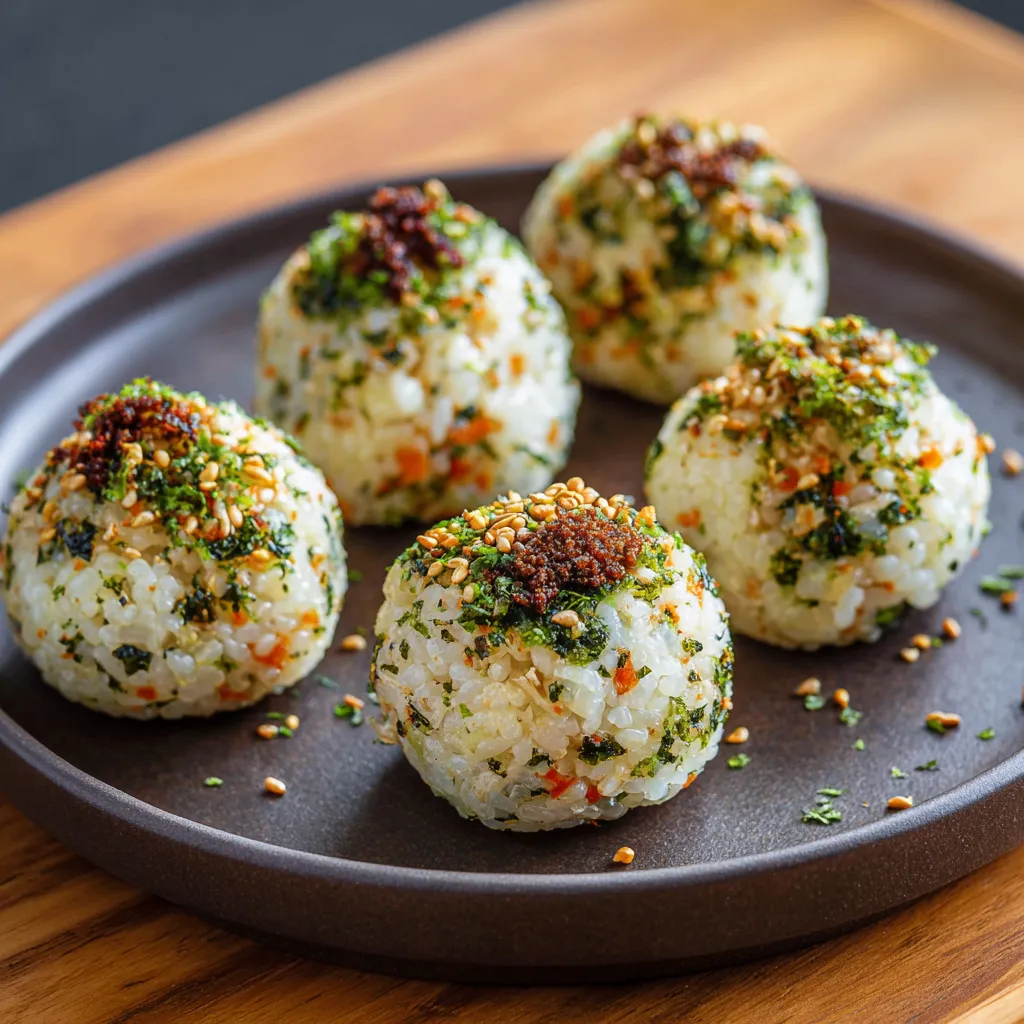 A plate of rice balls with green toppings.