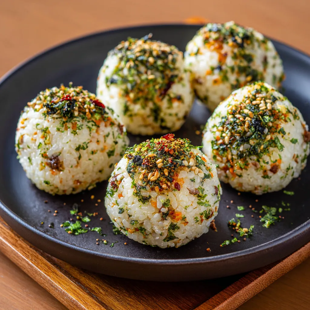 A plate of rice balls with seasoning.