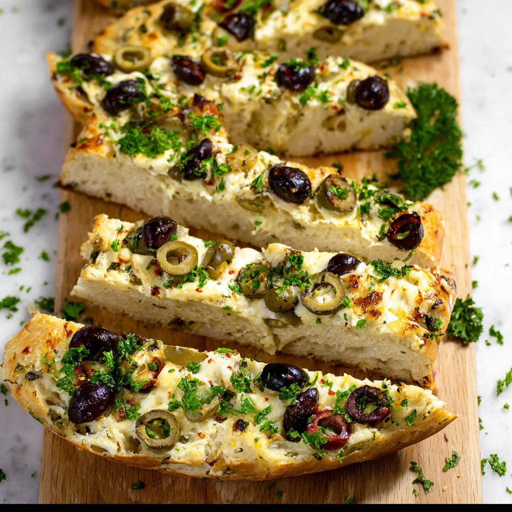 A slice of bread with olives and cheese.
