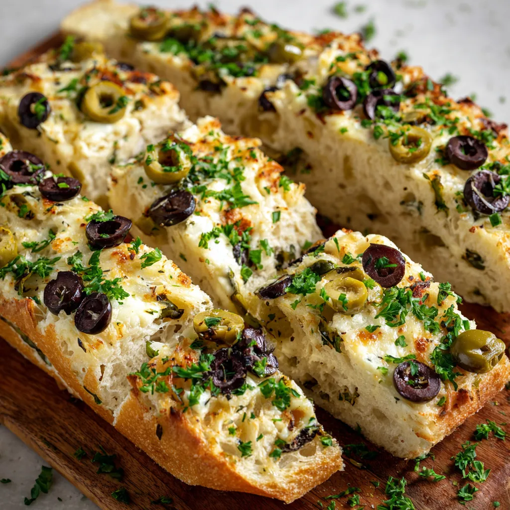 A slice of bread with olives and cheese on it.