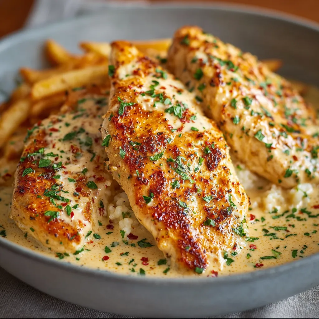 A plate of chicken with rice and fries.