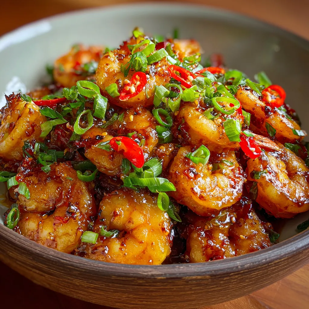 A bowl of shrimp with peppers and onions.