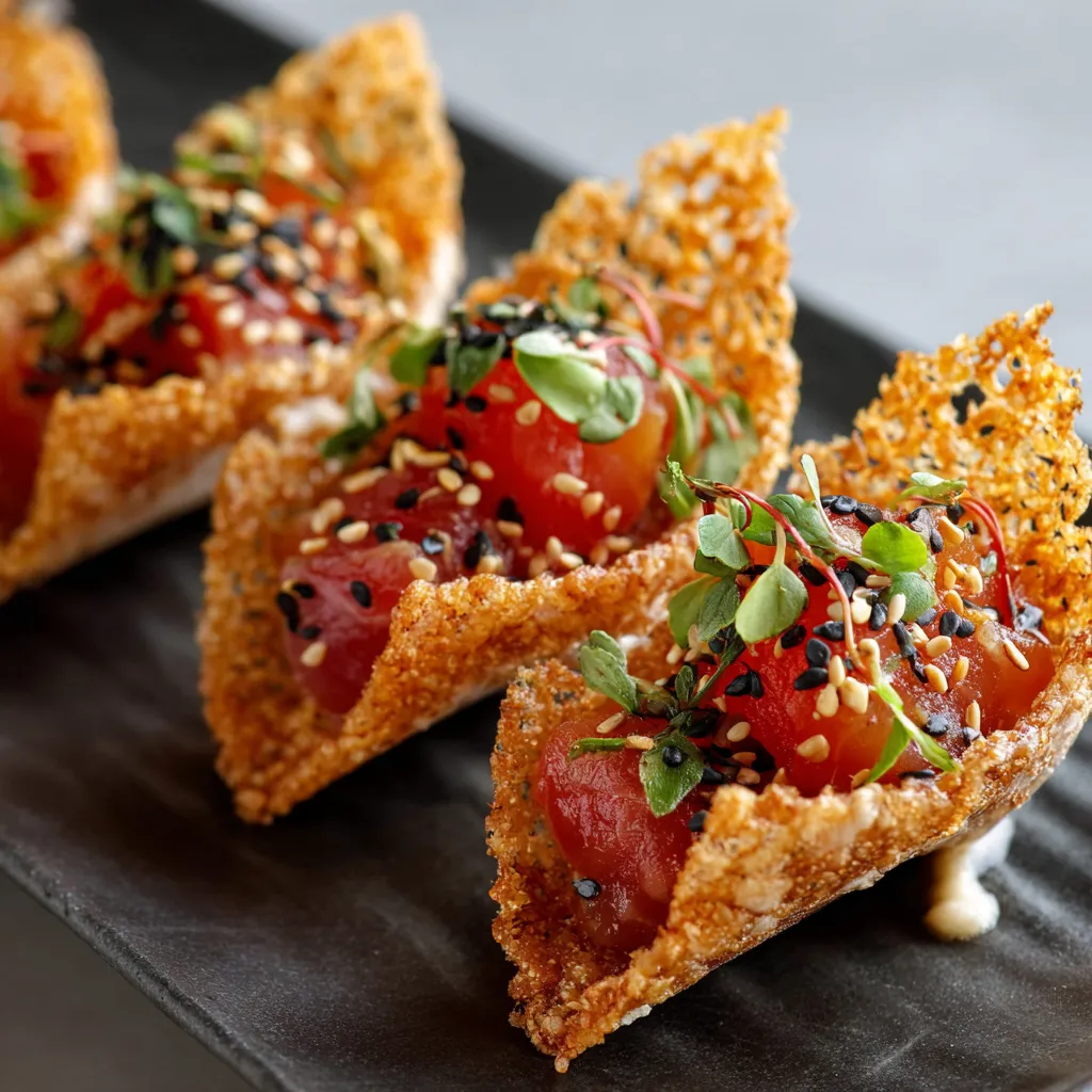 A plate of food with tomatoes and black sesame seeds.