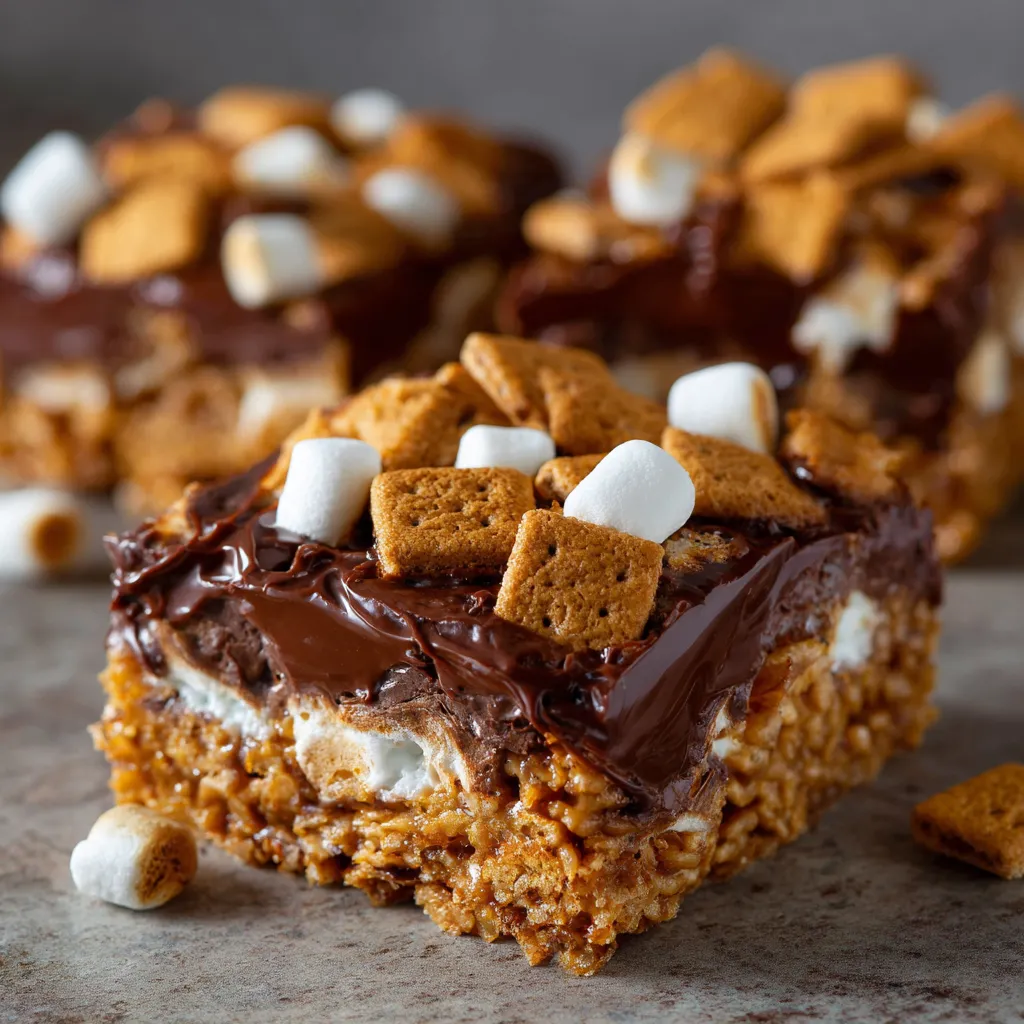 A chocolate covered cake with marshmallows on top.