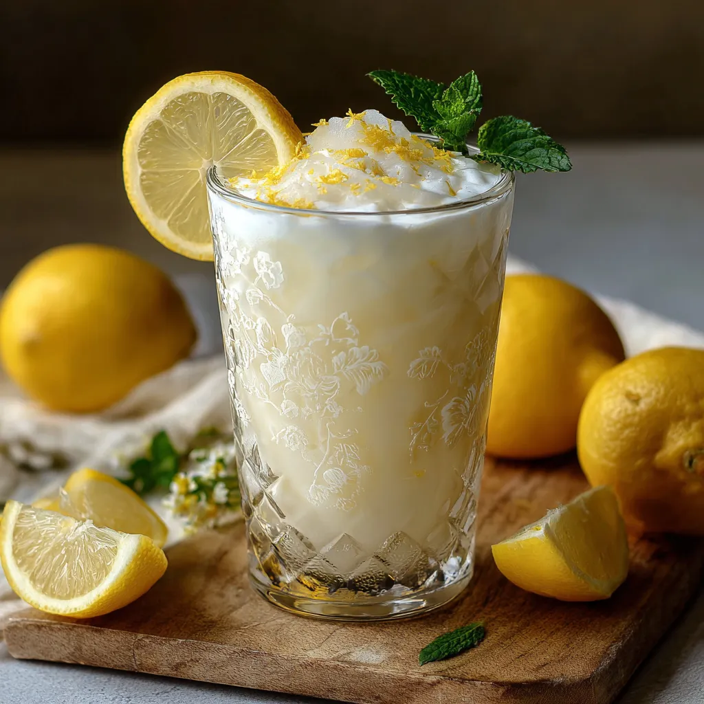 A glass of lemonade with lemon slices on a table.