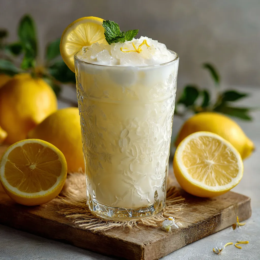 A glass of lemonade with lemon slices on a table.