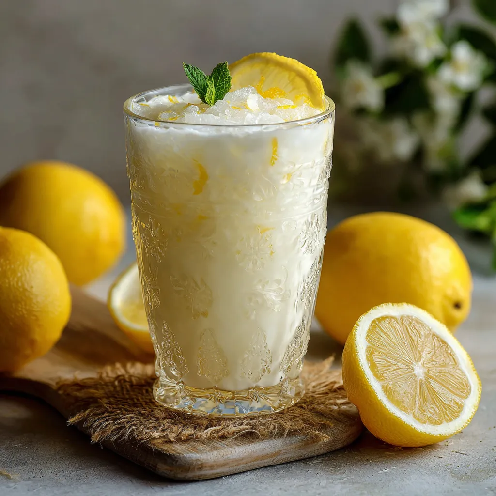 A glass of lemonade with a lemon wedge in it.