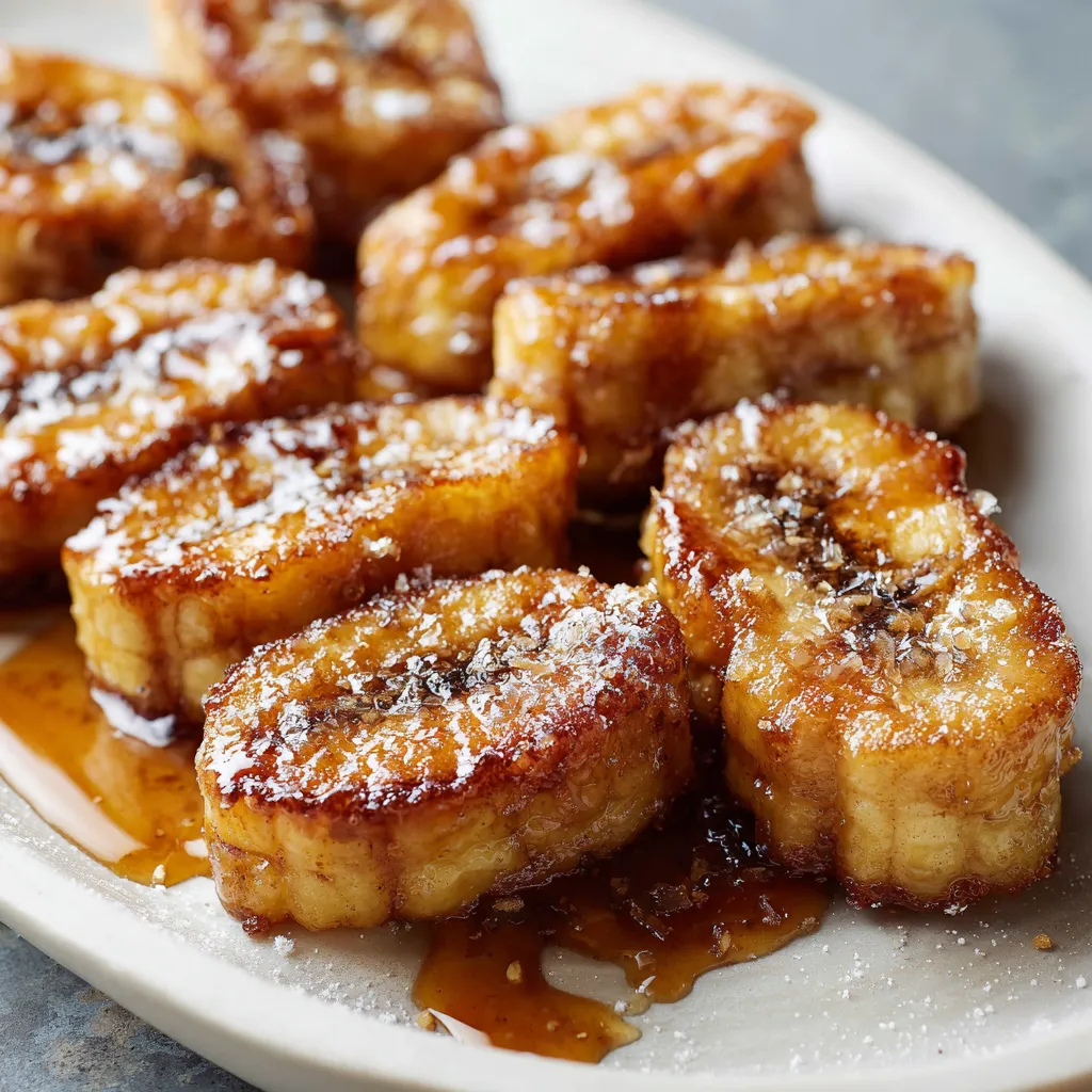 A plate of banana slices with syrup.