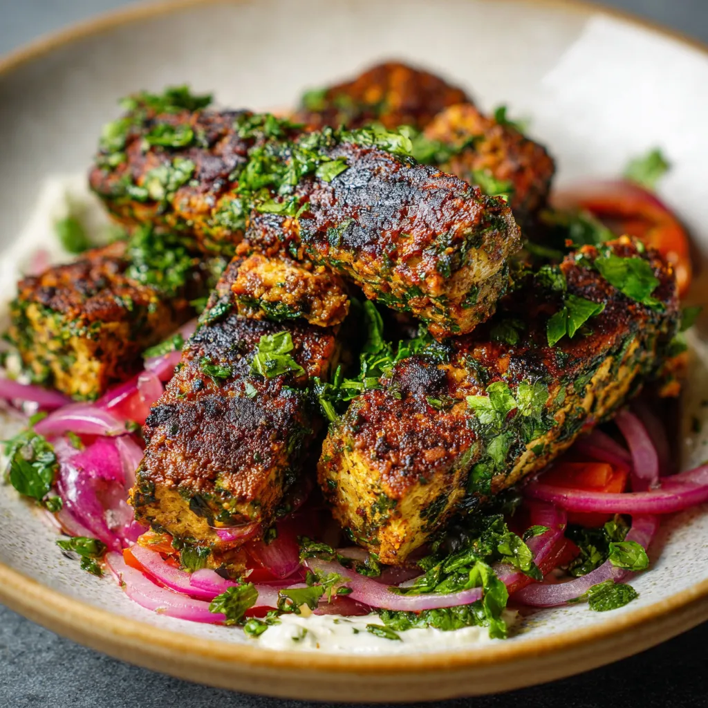 A bowl of meat with onions and herbs.
