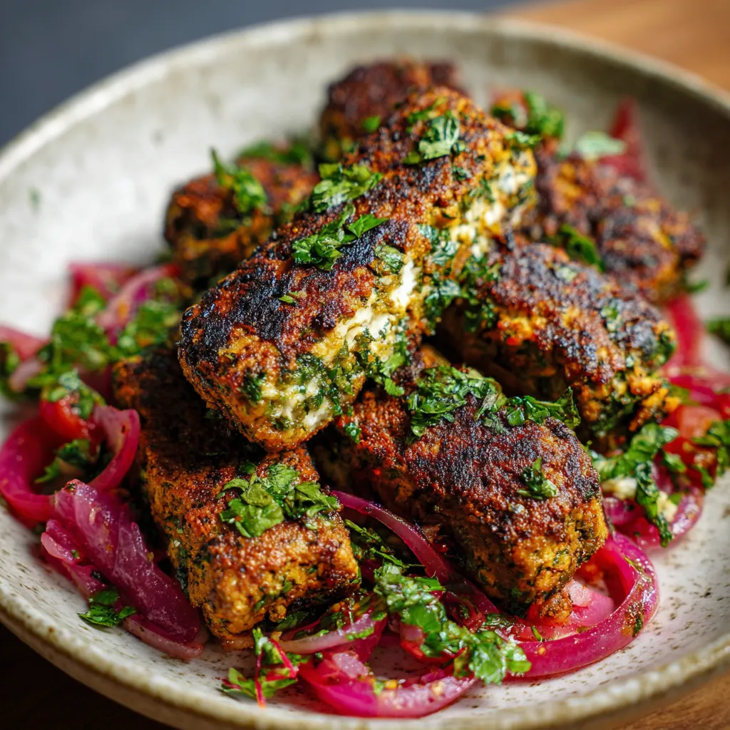 A bowl of meat with onions and herbs.