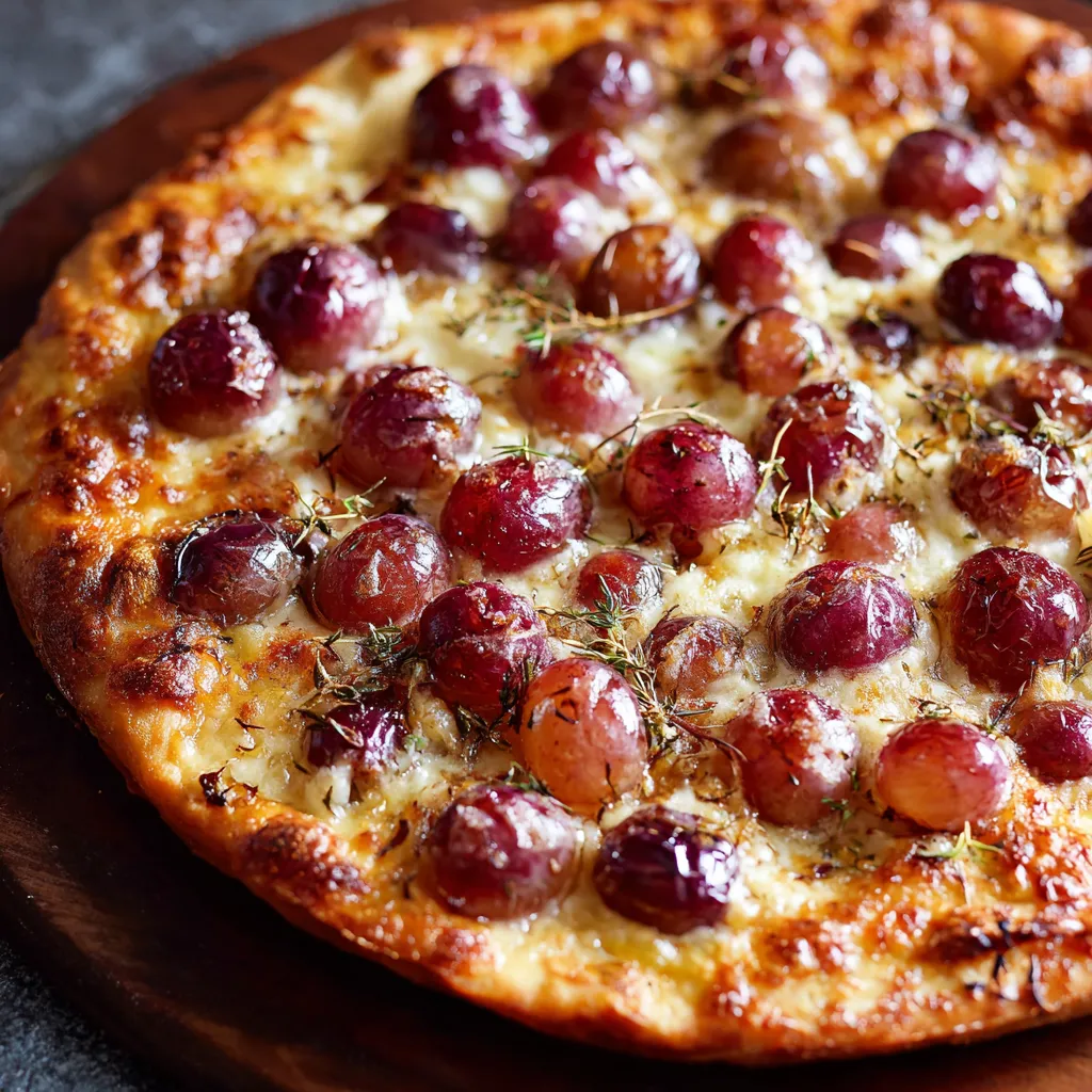 A pizza with grapes on top.
