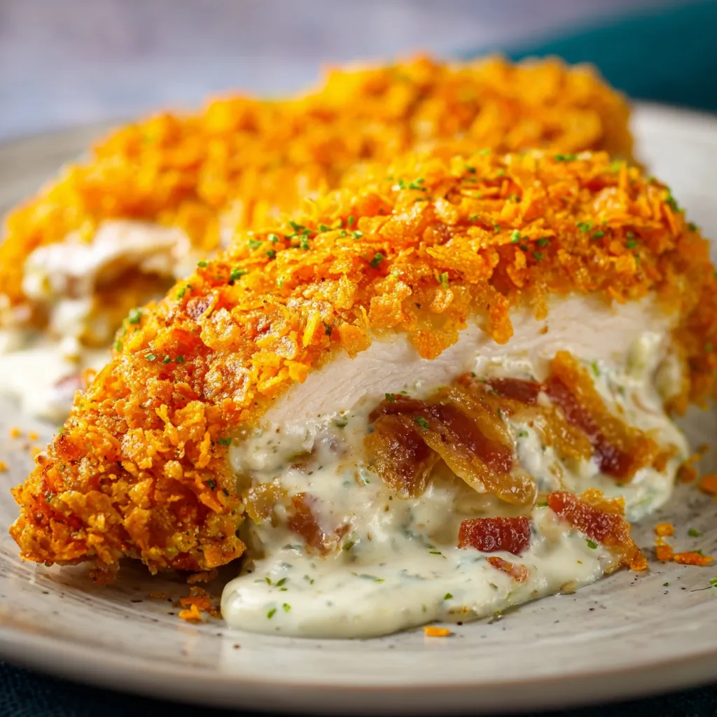 A piece of chicken with bacon on top.