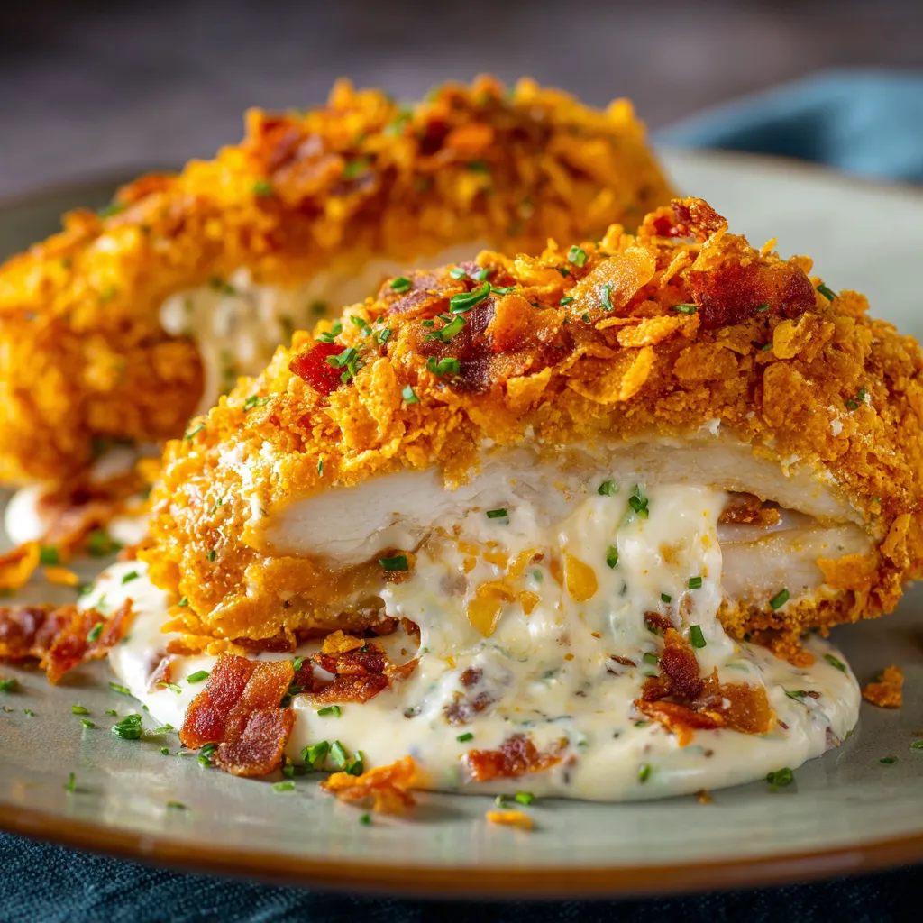 Two pieces of breaded meat with cheese and bacon on top.