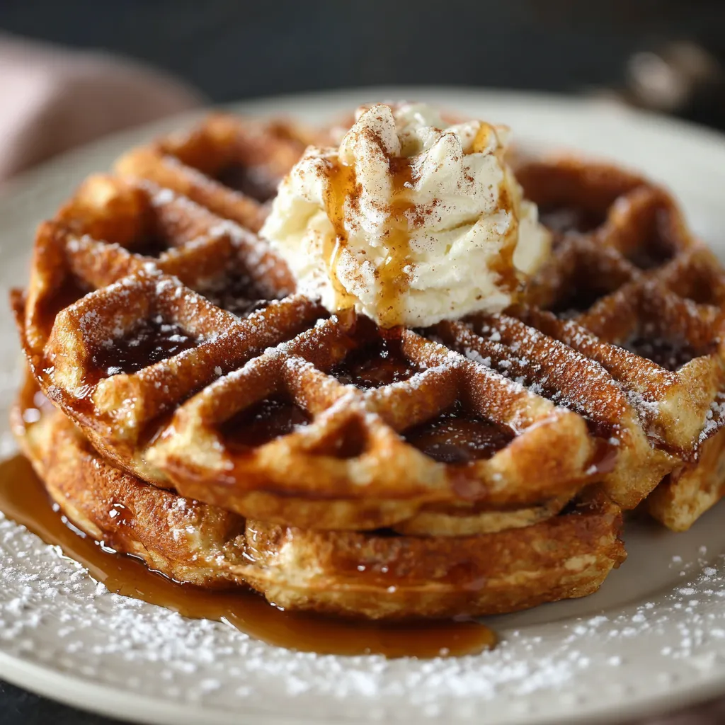 A plate of waffles with a dollop of whipped cream on top.