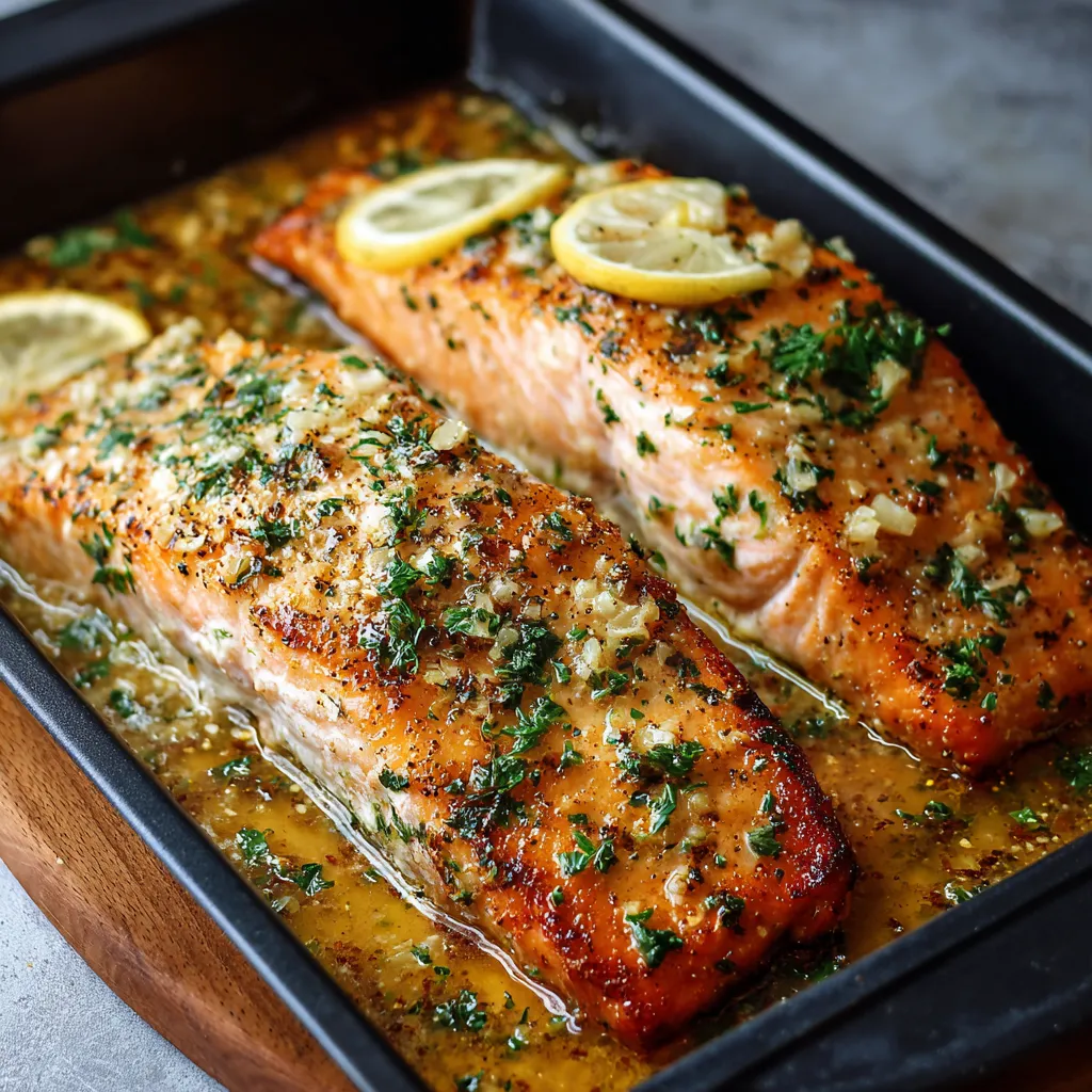 Two pieces of salmon in a pan.