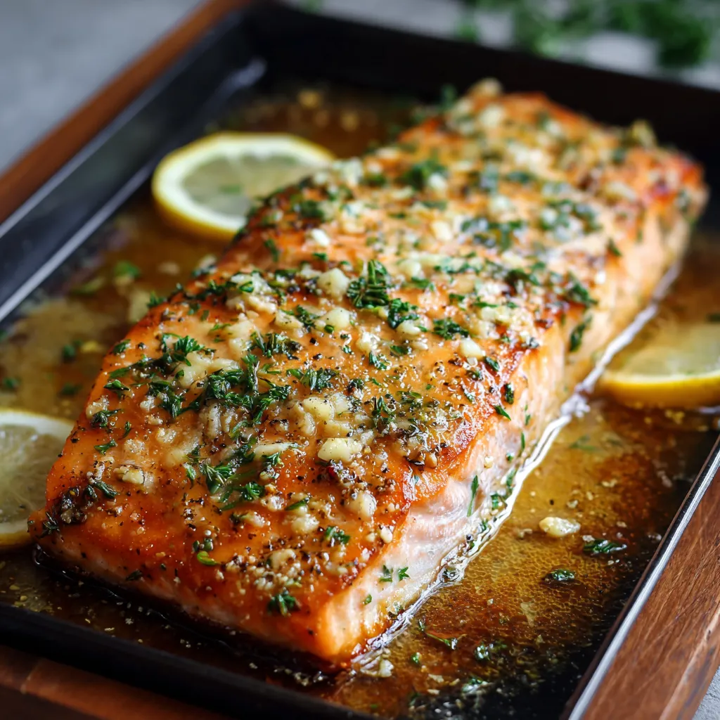 A piece of cooked salmon with lemon wedges on top.
