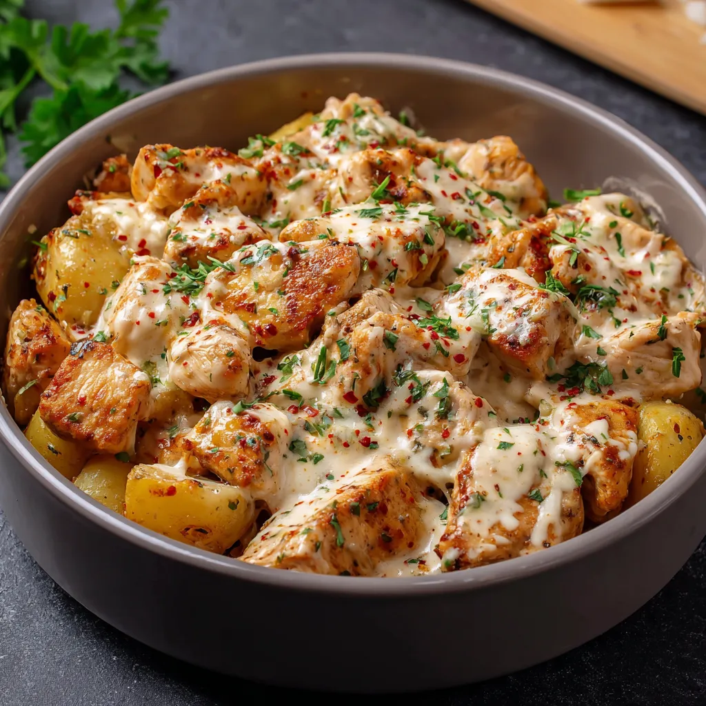 A bowl of chicken and potatoes.