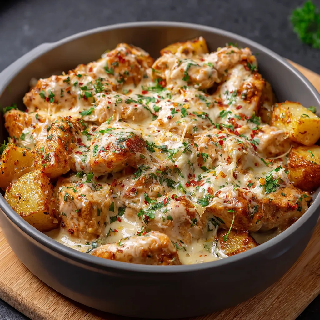 A bowl of food with chicken and potatoes.