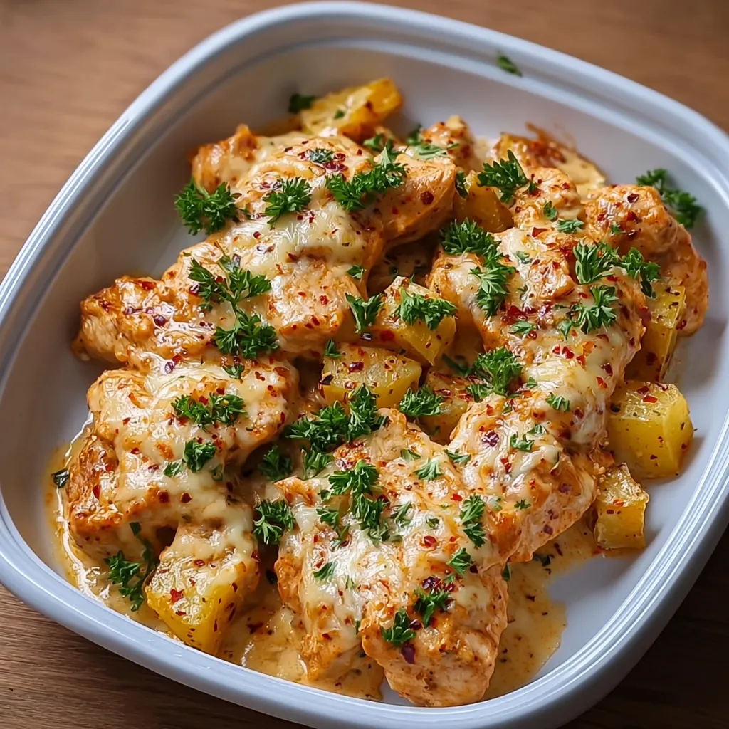 A bowl of food with chicken and potatoes.