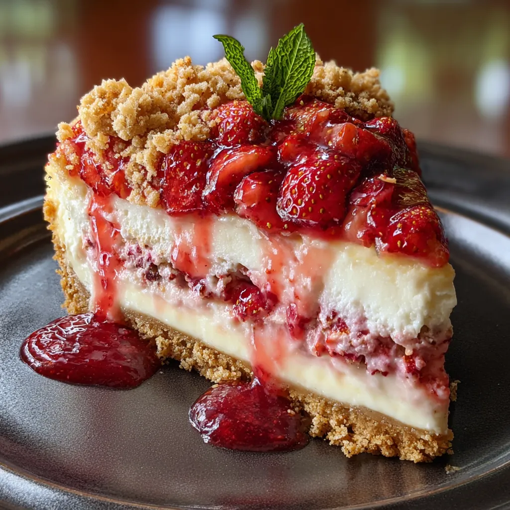 A slice of cheesecake with strawberries on top.