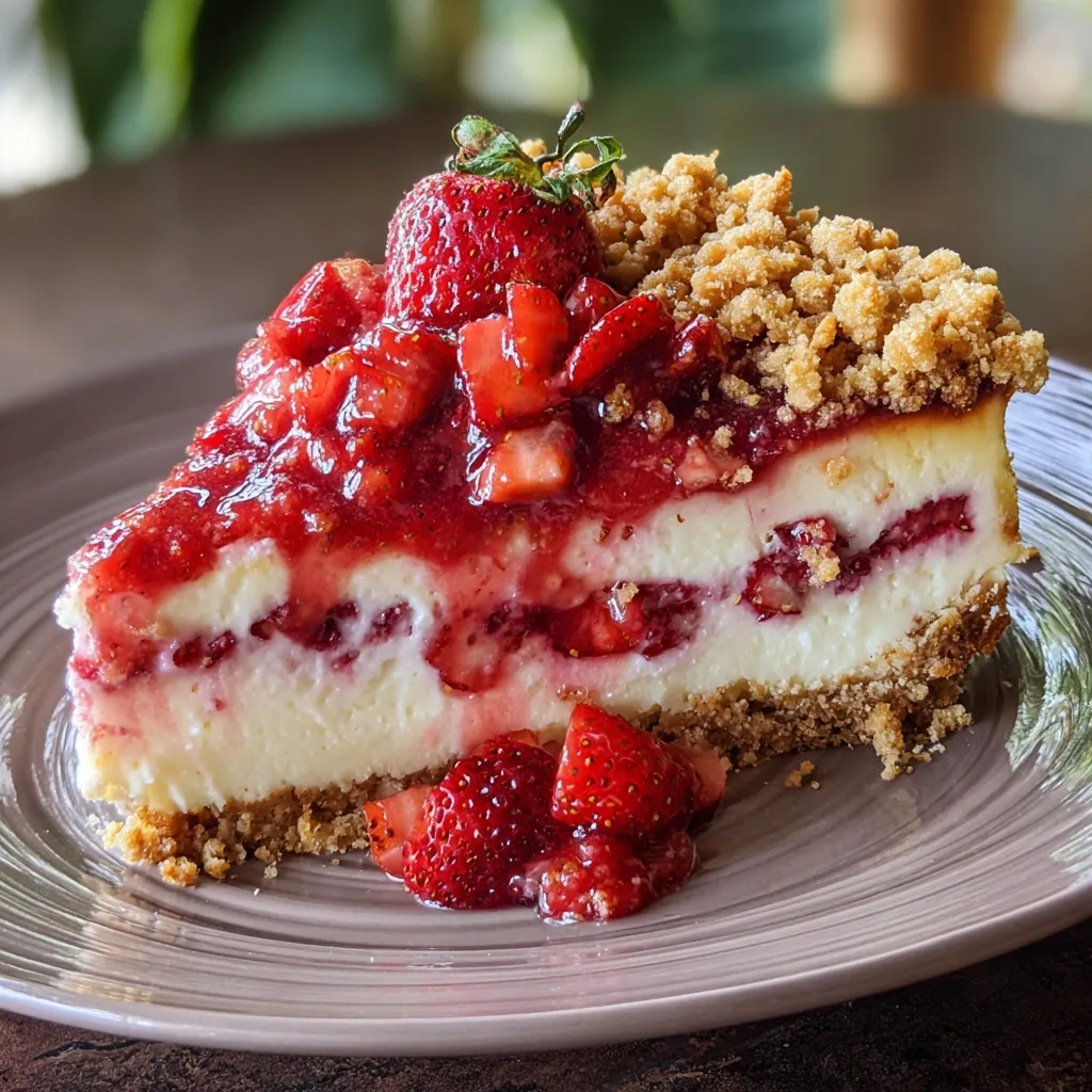 A slice of cake with strawberries on top.