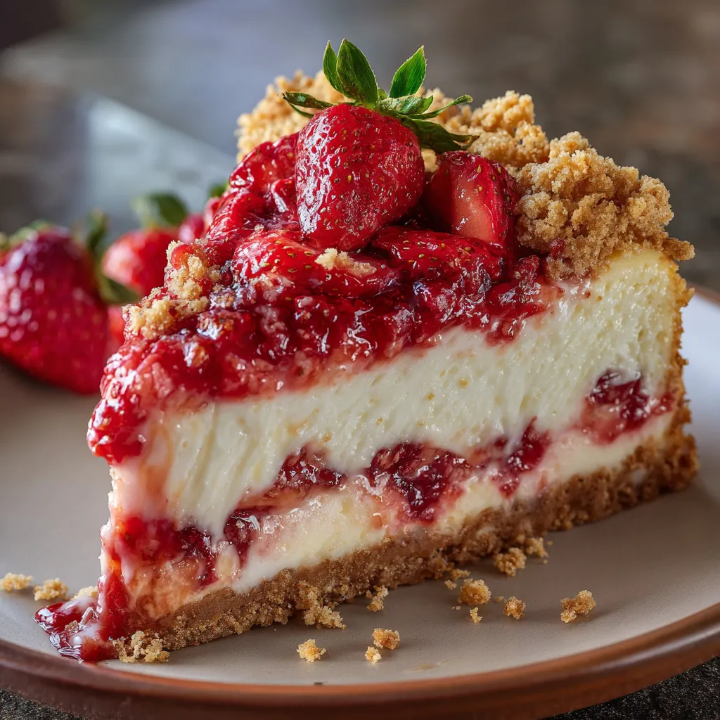 A slice of strawberry cheesecake on a plate.