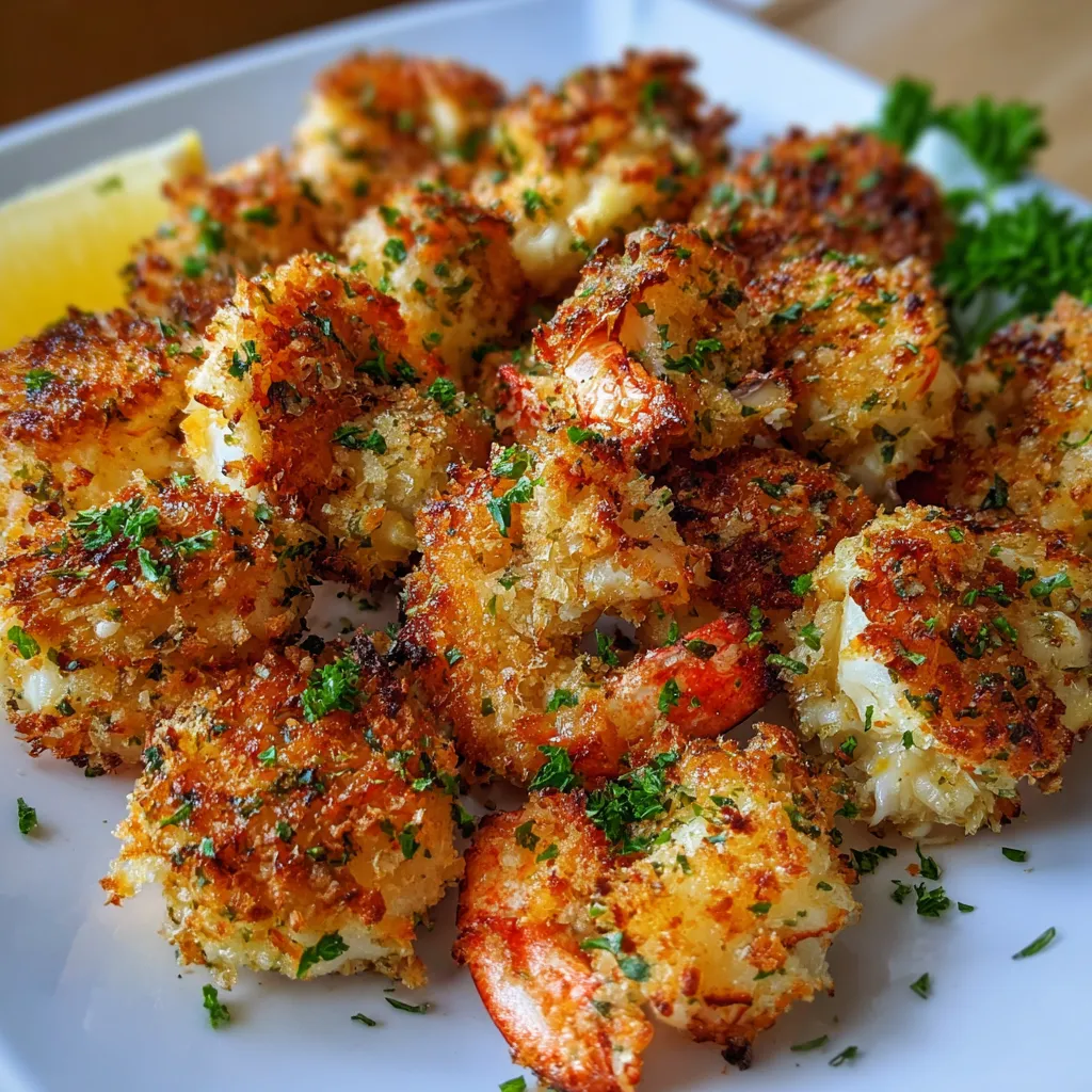 A plate of shrimp with herbs on top.