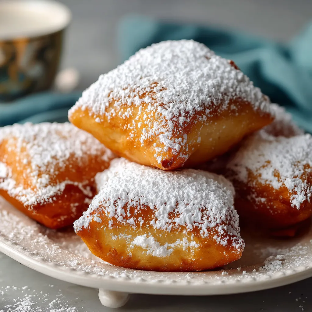 A plate of powdered sugar covered beignets.
