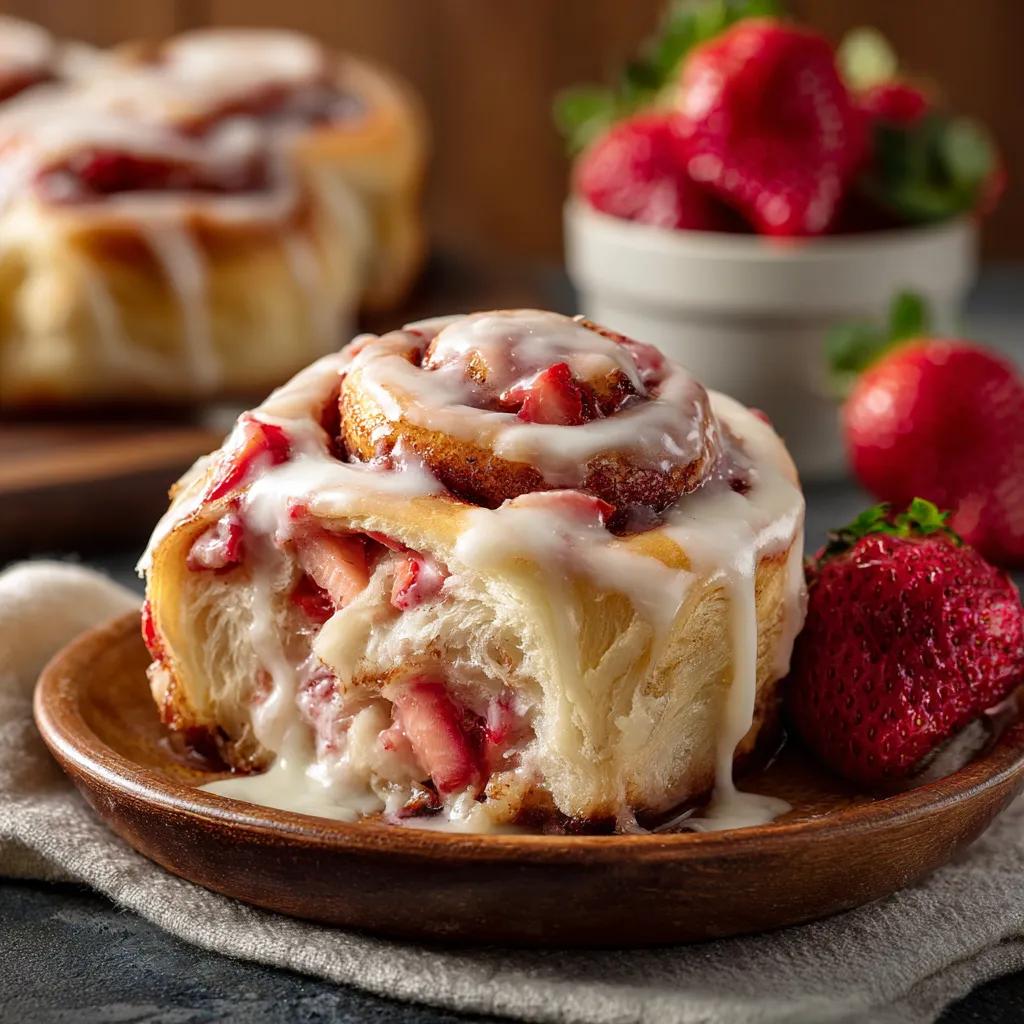 A pastry with strawberries and whipped cream.