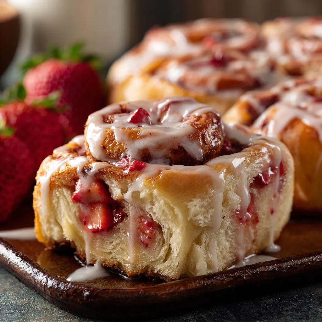 A plate of cinnamon rolls with strawberries on top.