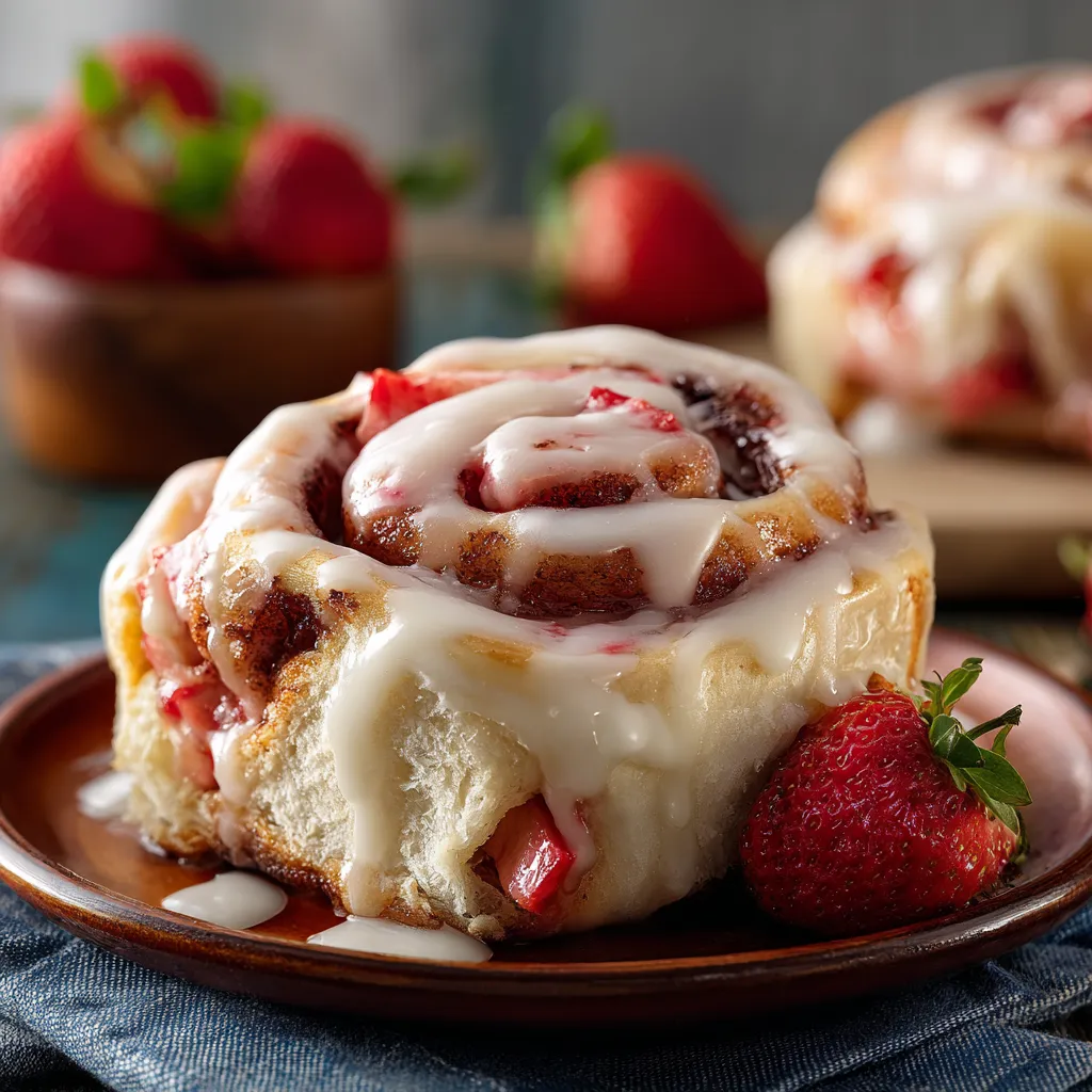 A plate of strawberries and a roll.