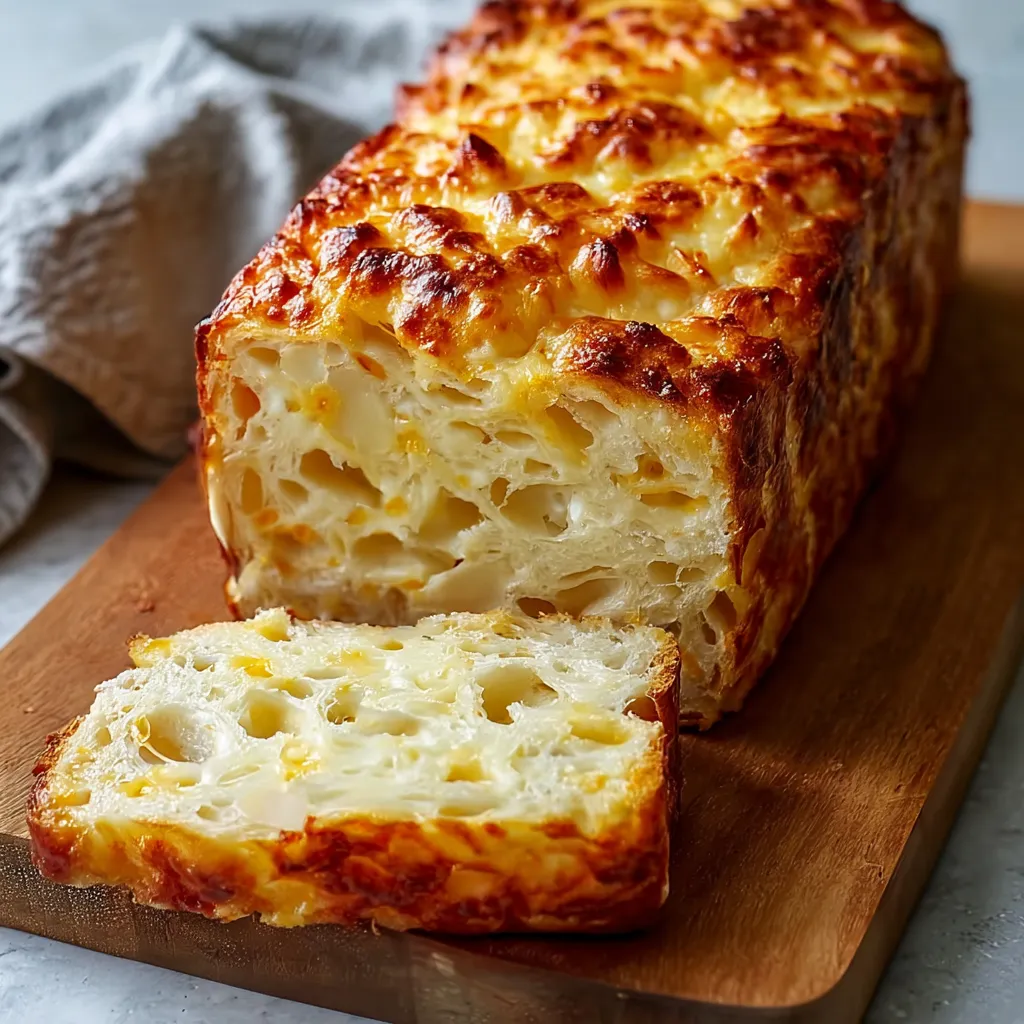 A slice of cheese bread on a cutting board.