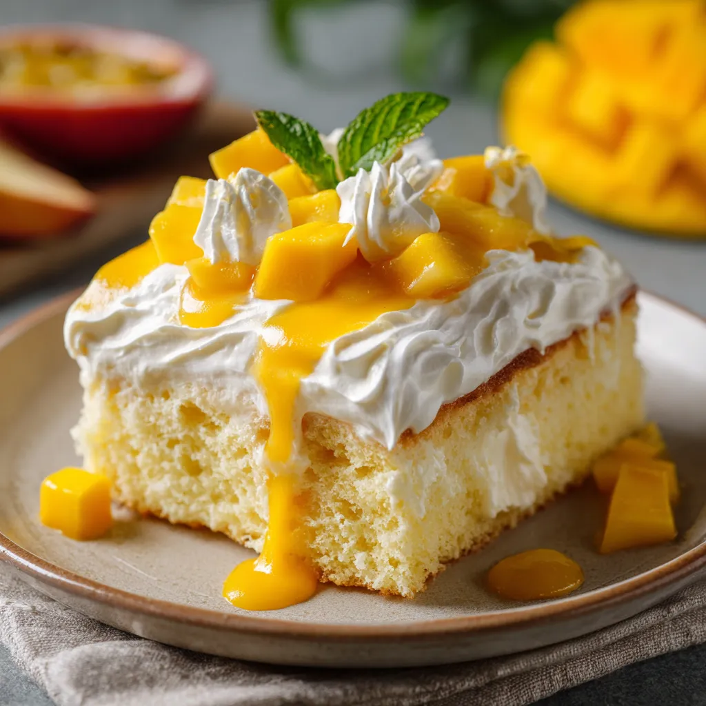 A slice of cake with whipped cream and fruit on top.