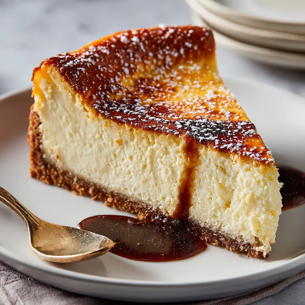 A slice of cheesecake with caramel drizzled on top.