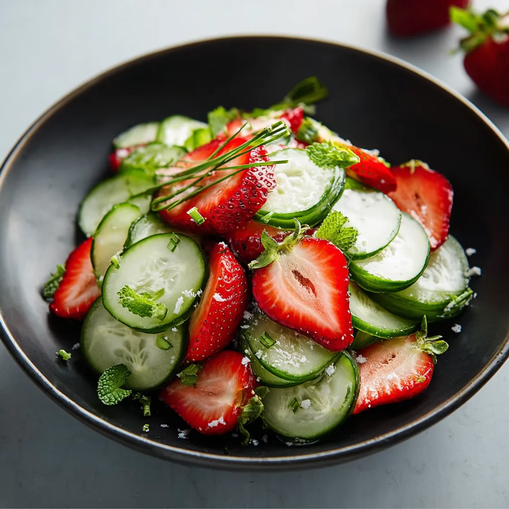 A bowl of sliced cucumbers and strawberries.