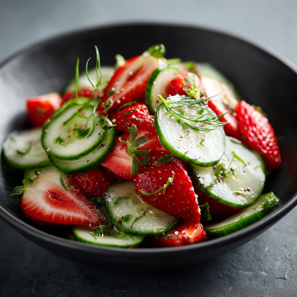 A bowl of fruit with strawberries, cucumbers, and green onions.