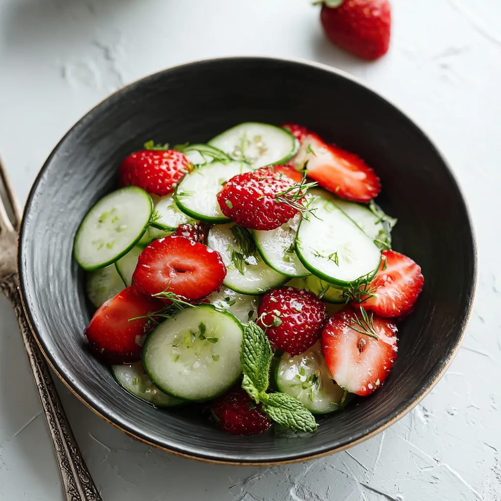 A bowl of fruit with strawberries and cucumbers.